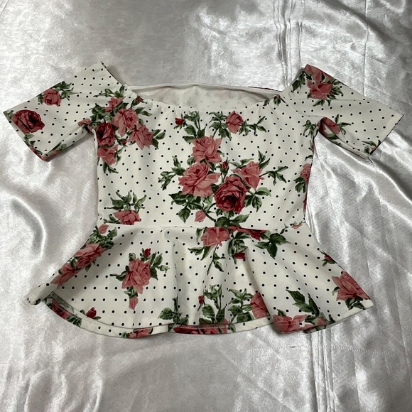 Vintage-Inspired Floral Peplum Top Polka Dot Cottagecore Stretch Blouse M USA - Picture 4 of 9